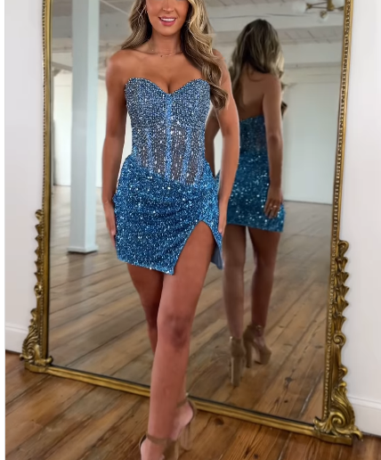Stunning Blue Sweetheart Neck Sheath Sequin Short Prom Dresses Stylish Homecoming Dress with Slits ED03234