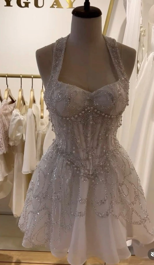 Fashion White Halter A-Line Beaded Sequin Short Party Dress,Tulle Homecoming Dresses ED03237