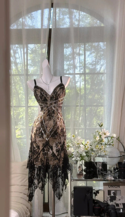 Gorgeous Black Spaghetti Straps A-Line Lace Beaded Short Prom Dresses Vintage Evening Dresses ED03248