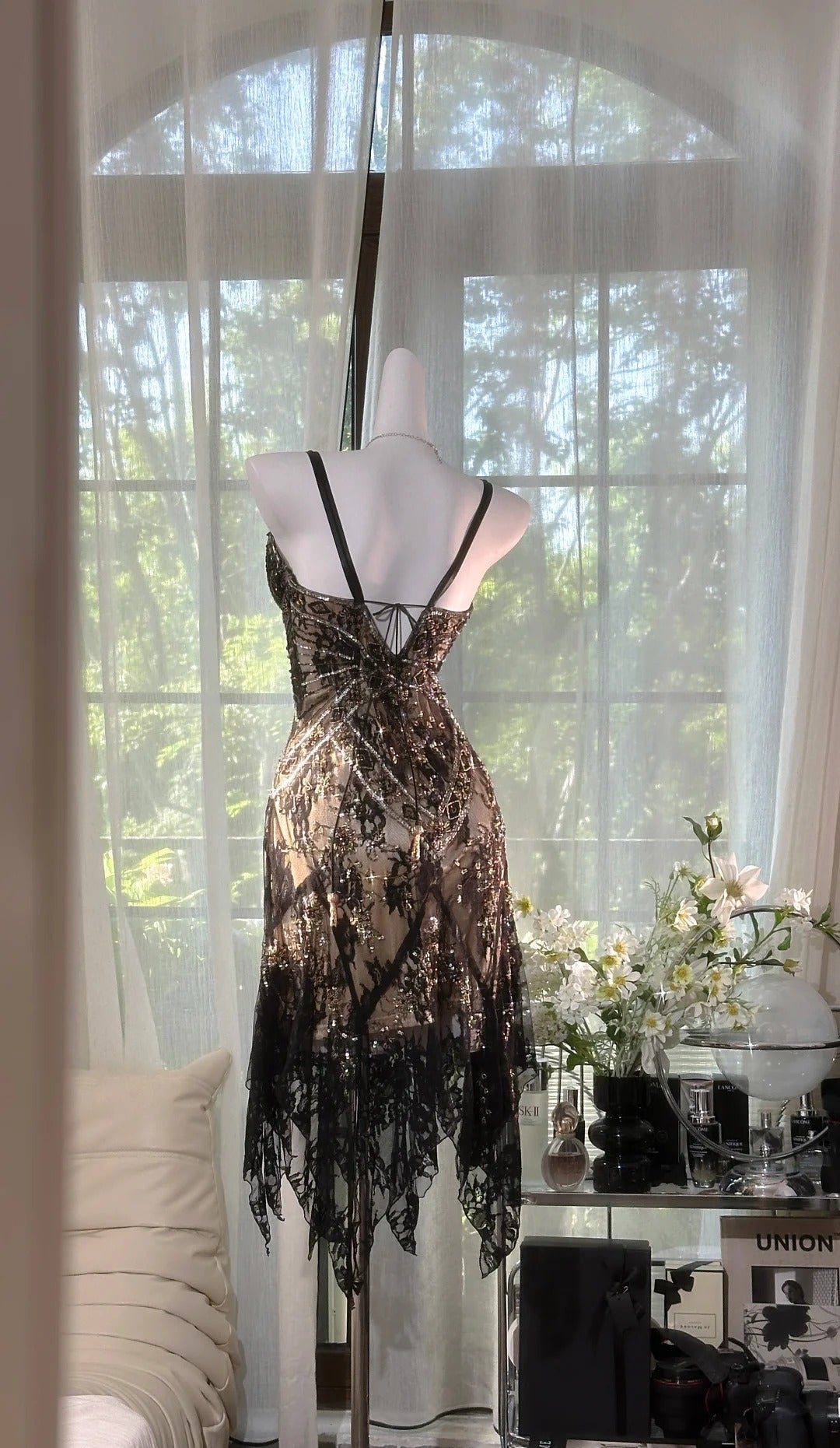 Gorgeous Black Spaghetti Straps A-Line Lace Beaded Short Prom Dresses Vintage Evening Dresses ED03248