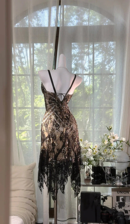 Gorgeous Black Spaghetti Straps A-Line Lace Beaded Short Prom Dresses Vintage Evening Dresses ED03248