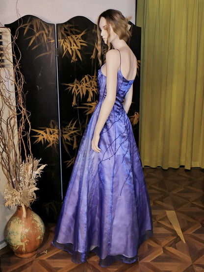 A-Line Spaghetti Straps Purple Satin Long Prom Dresses Vintage Evening Dresses with Beading ED03259