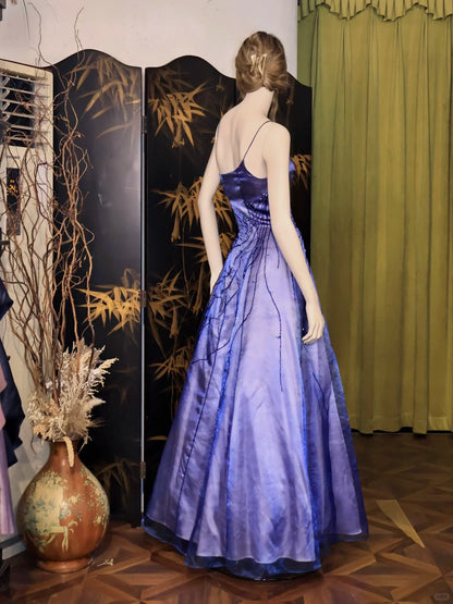 A-Line Spaghetti Straps Purple Satin Long Prom Dresses Vintage Evening Dresses with Beading ED03259