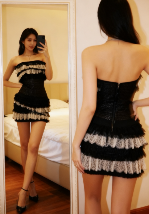 Sexy Black Bodycon Strapless Short Lace Party Dress Homecoming Dress ED03284