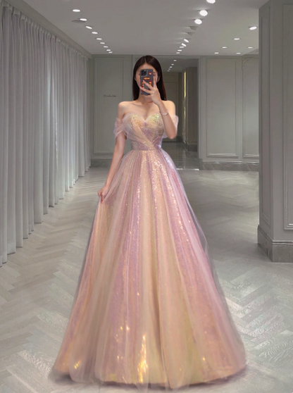 Gorgeous Sweetheart Neck A-Line Tulle Sequin Long Prom Dresses, Sweet 16 Dress ED03287