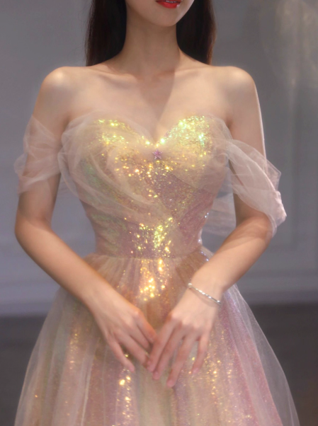 Gorgeous Sweetheart Neck A-Line Tulle Sequin Long Prom Dresses, Sweet 16 Dress ED03287