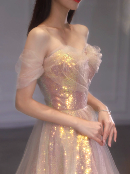 Gorgeous Sweetheart Neck A-Line Tulle Sequin Long Prom Dresses, Sweet 16 Dress ED03287