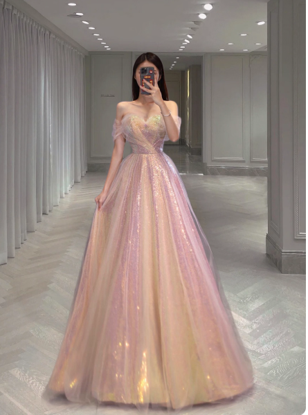 Gorgeous Sweetheart Neck A-Line Tulle Sequin Long Prom Dresses, Sweet 16 Dress ED03287