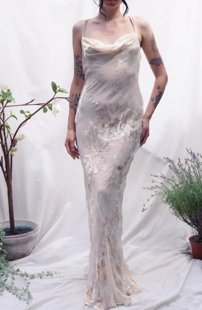 Vintage Sheath Spaghetti Straps Printed Chiffon Long Prom Dresses Glam Evening Dress with Beading ED03292