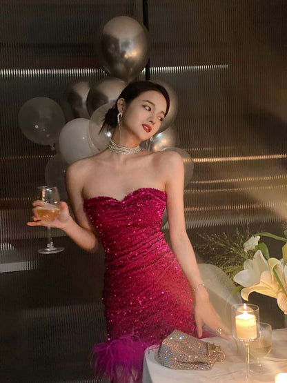 Elegant Strapless Bodycon Sequin Short Evening Gown, Sparkling Rose Red Homecoming Dress ED03307