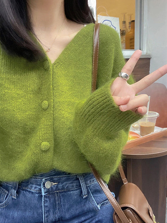 Avocado Green Retro Soft V-Neck Knitted Cardigan ED0331