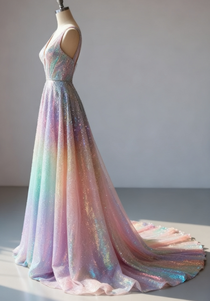 Glamour Colorful V-neck A-Line Quinceañera Dress Glitter Tulle Long Prom Dresses, Sweet 16th Birthday Dress ED03340