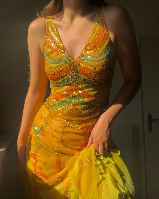 Retro Yellow Two-piece Long Prom Dresses Tulle Birthday Dress with Sequins