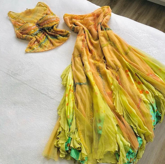 Retro Yellow Two-piece Long Prom Dresses Tulle Birthday Dress with Sequins