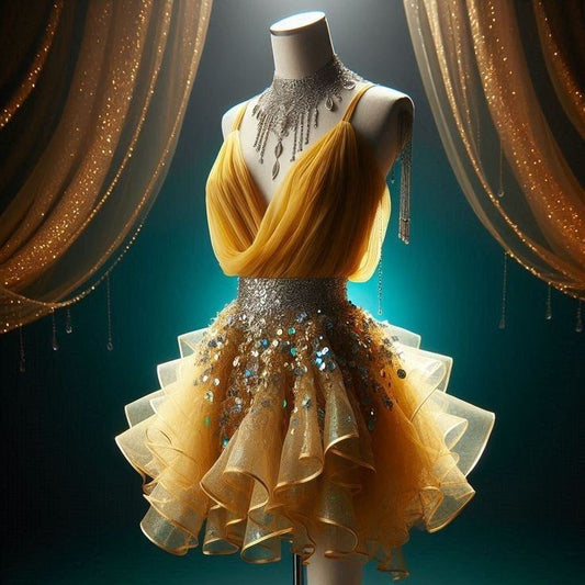 Chic Yellow Spaghetti Strap A-Line Tulle Short Prom Dresses ED03345