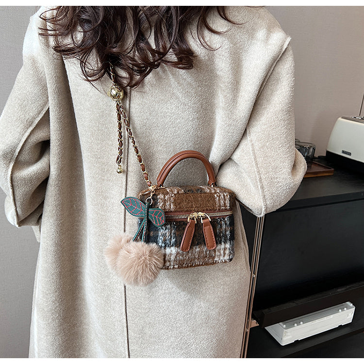 Petit sac carré à bandoulière en laine à carreaux, mini sac seau à bandoulière ED0334