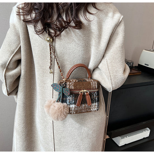 Petit sac carré à bandoulière en laine à carreaux, mini sac seau à bandoulière ED0334