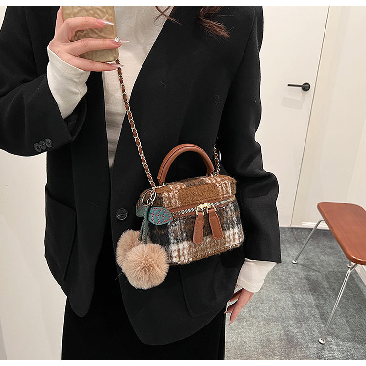 Petit sac carré à bandoulière en laine à carreaux, mini sac seau à bandoulière ED0334