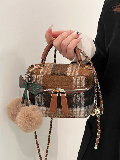 Petit sac carré à bandoulière en laine à carreaux, mini sac seau à bandoulière ED0334
