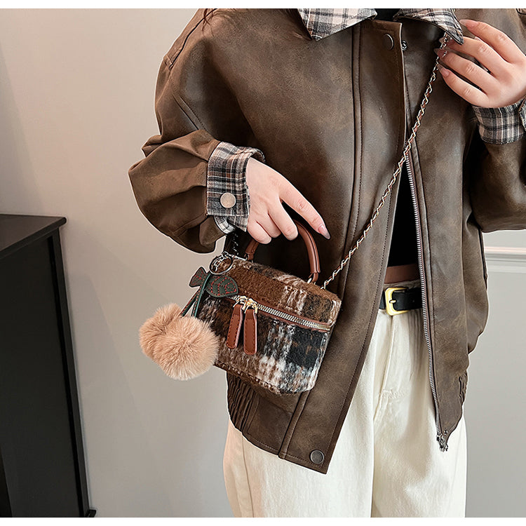 Petit sac carré à bandoulière en laine à carreaux, mini sac seau à bandoulière ED0334