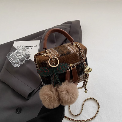 Petit sac carré à bandoulière en laine à carreaux, mini sac seau à bandoulière ED0334