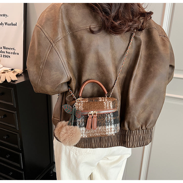Petit sac carré à bandoulière en laine à carreaux, mini sac seau à bandoulière ED0334