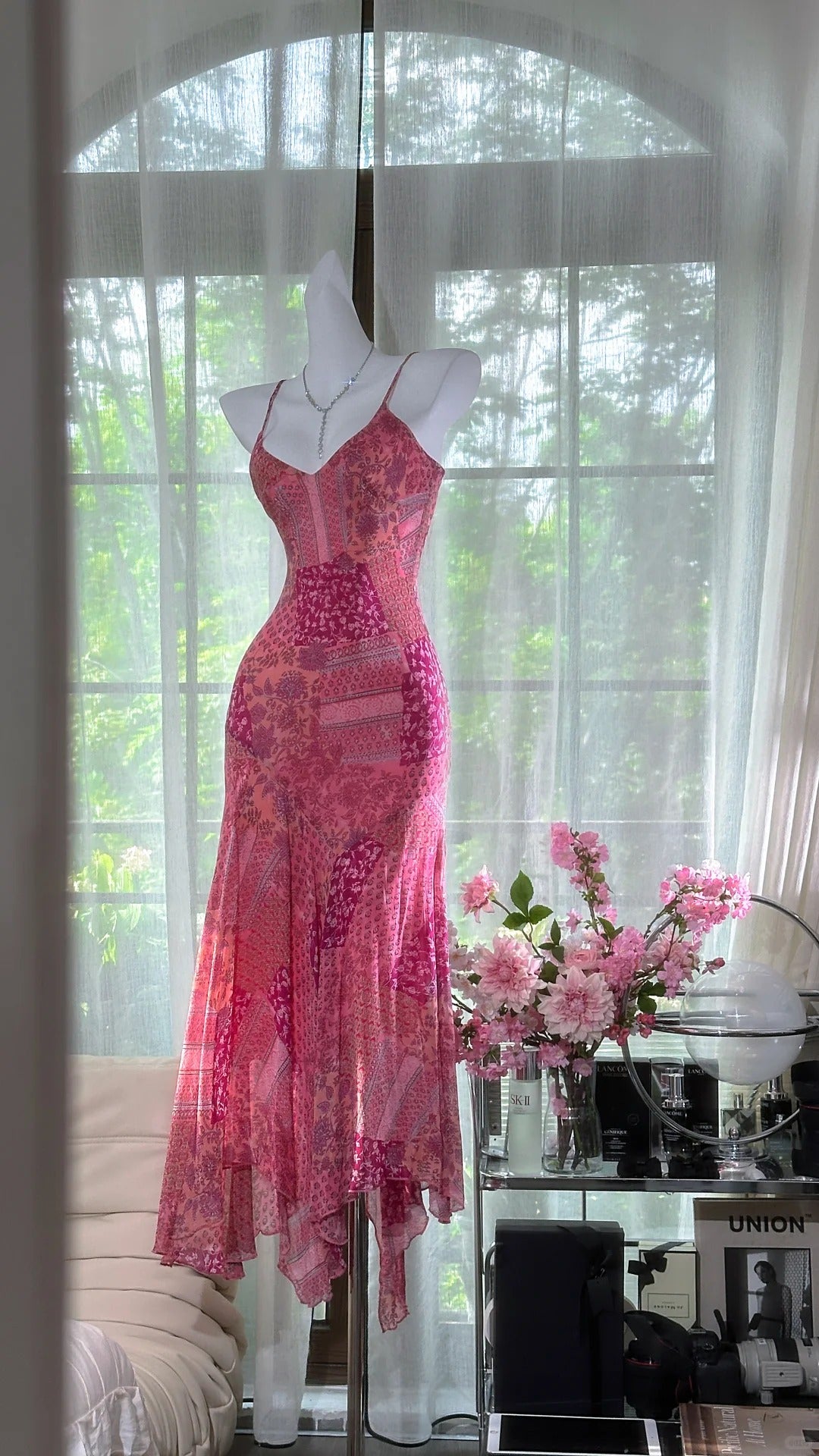 Chic Pink Sheath Printed Chiffon Short Prom Dresses, Spaghetti Strap Evening Dress ED03371