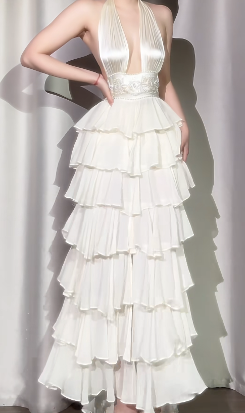 Classic Off-White Halter Neck A-Line Layered Chiffon Long Prom Dresses, Elegant Backless Evening Gowns ED03372