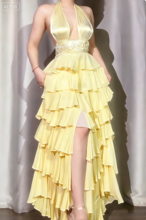 Classic Off-White Halter Neck A-Line Layered Chiffon Long Prom Dresses, Elegant Backless Evening Gowns ED03372