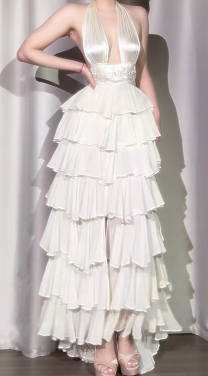 Classic Off-White Halter Neck A-Line Layered Chiffon Long Prom Dresses, Elegant Backless Evening Gowns ED03372