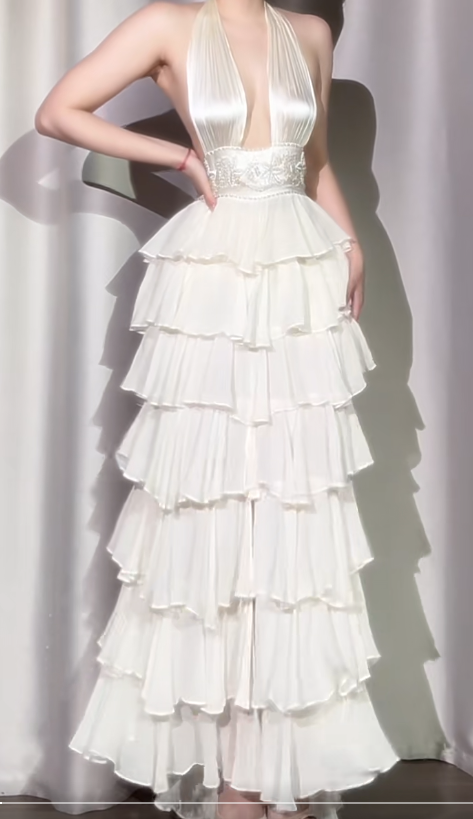 Classic Off-White Halter Neck A-Line Layered Chiffon Long Prom Dresses, Elegant Backless Evening Gowns ED03372