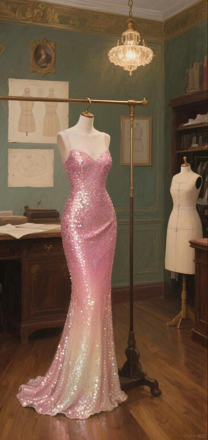 Fairytale Ombre Pink Spaghetti Strap Mermaid Sequin Long Prom Dresses, Formal Evening Gowns ED03373