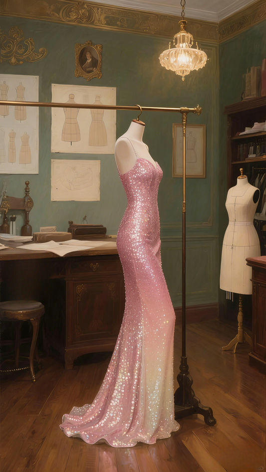 Fairytale Ombre Pink Spaghetti Strap Mermaid Sequin Long Prom Dresses, Formal Evening Gowns ED03373