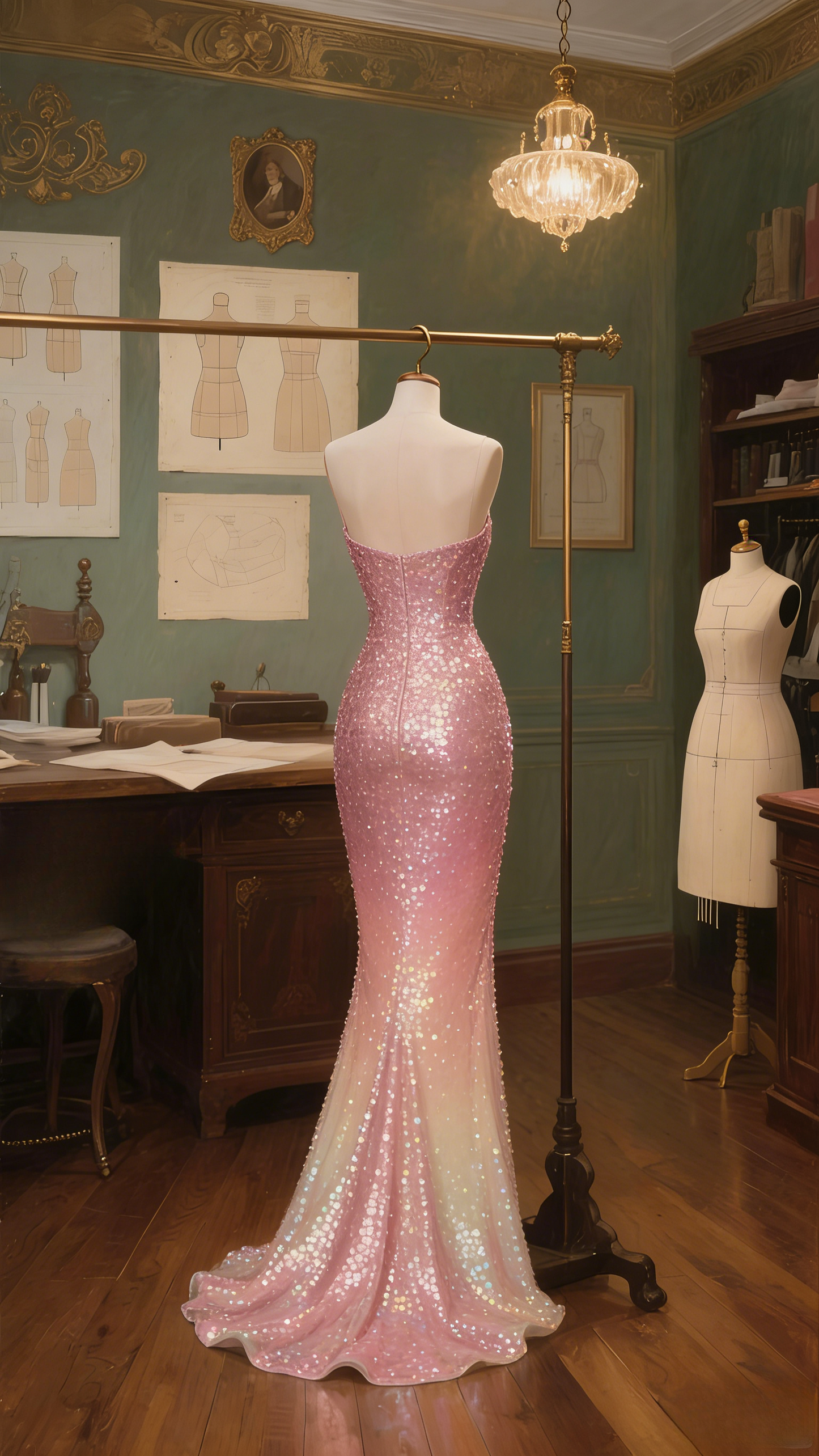 Fairytale Ombre Pink Spaghetti Strap Mermaid Sequin Long Prom Dresses, Formal Evening Gowns ED03373