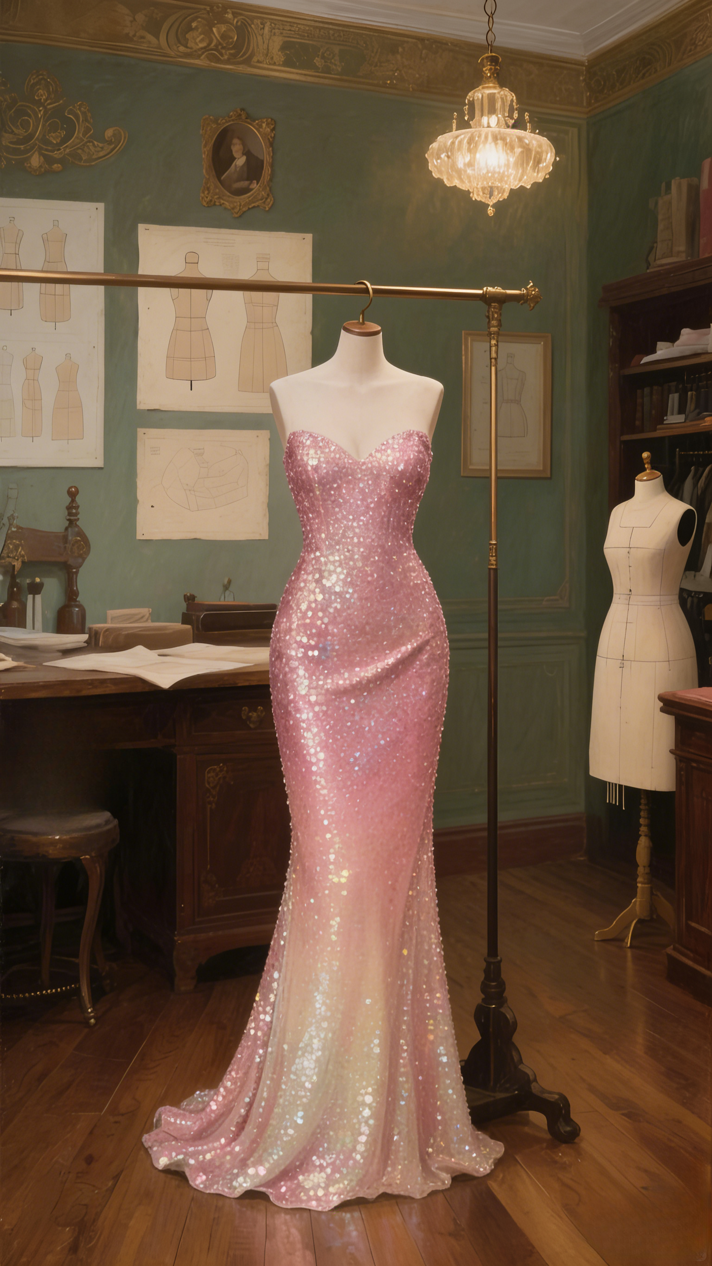 Fairytale Ombre Pink Spaghetti Strap Mermaid Sequin Long Prom Dresses, Formal Evening Gowns ED03373