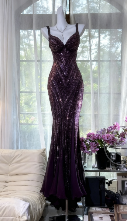 Glamour Dark Purple Guest Dresses V-Neck Mermaid Beaded Chiffon Long Stunning Prom Dresses, Formal Evening Dresses ED03375