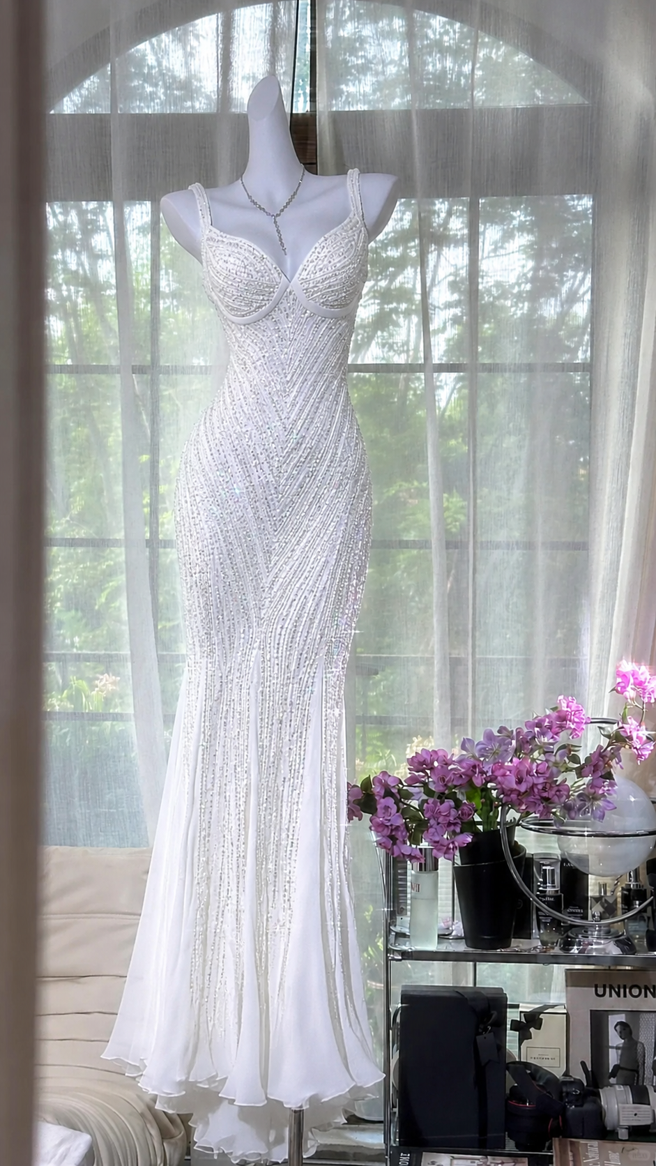 Glamour Dark Purple Guest Dresses V-Neck Mermaid Beaded Chiffon Long Stunning Prom Dresses, Formal Evening Dresses ED03375