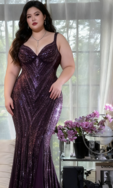 Glamour Dark Purple Guest Dresses V-Neck Mermaid Beaded Chiffon Long Stunning Prom Dresses, Formal Evening Dresses ED03375