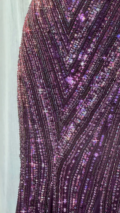 Vintage dark purple mermaid v-neck beaded formal evening gown