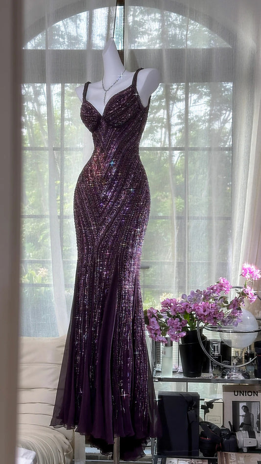 Vintage dark purple mermaid v-neck beaded formal evening gown