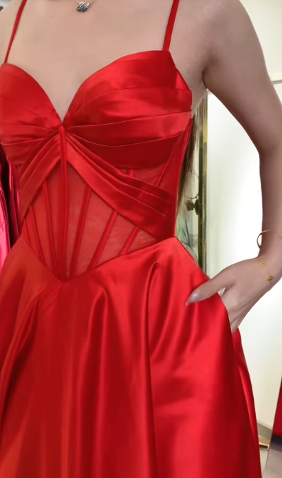 Classic Red Spaghetti Straps A-Line Satin Long Prom Dresses, Formal Evening Gowns with Open Back ED03381