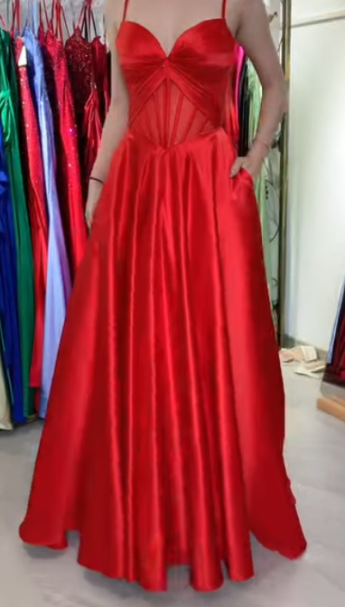 Classic Red Spaghetti Straps A-Line Satin Long Prom Dresses, Formal Evening Gowns with Open Back ED03381