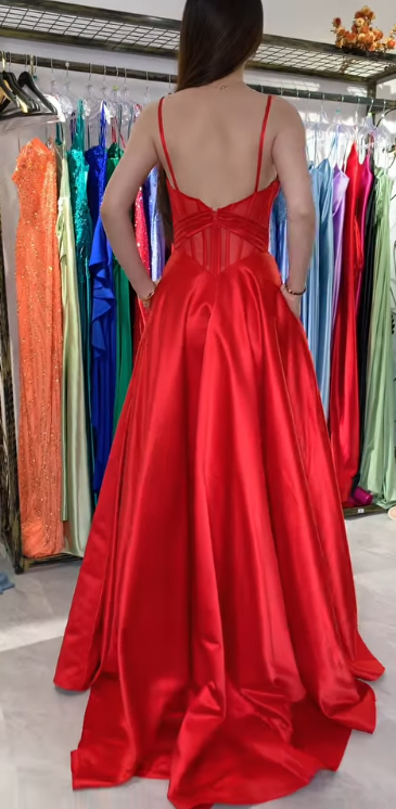 Classic Red Spaghetti Straps A-Line Satin Long Prom Dresses, Formal Evening Gowns with Open Back ED03381