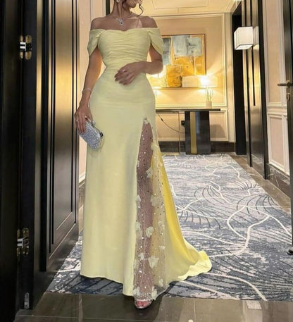 Glamour Butter Yellow Off-shoulder Sheath Chiffon Beaded Long Prom Dresses, Formal Elegant Evening Gowns ED03381