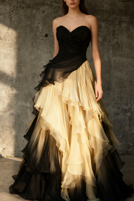 Elegant Black/White Sweetheart Neck A-Line Tulle Long Wedding Dress, Simple Evening Gown ED03385