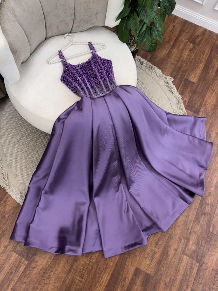 Glamour Purple Spaghetti Strap A-Line Beaded Satin Long Prom Dresses, Sweet Birthday Party Outfit ED03386