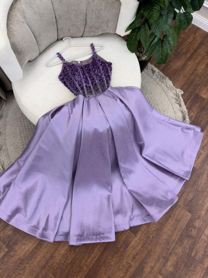 Glamour Purple Spaghetti Strap A-Line Beaded Satin Long Prom Dresses, Sweet Birthday Party Outfit ED03386