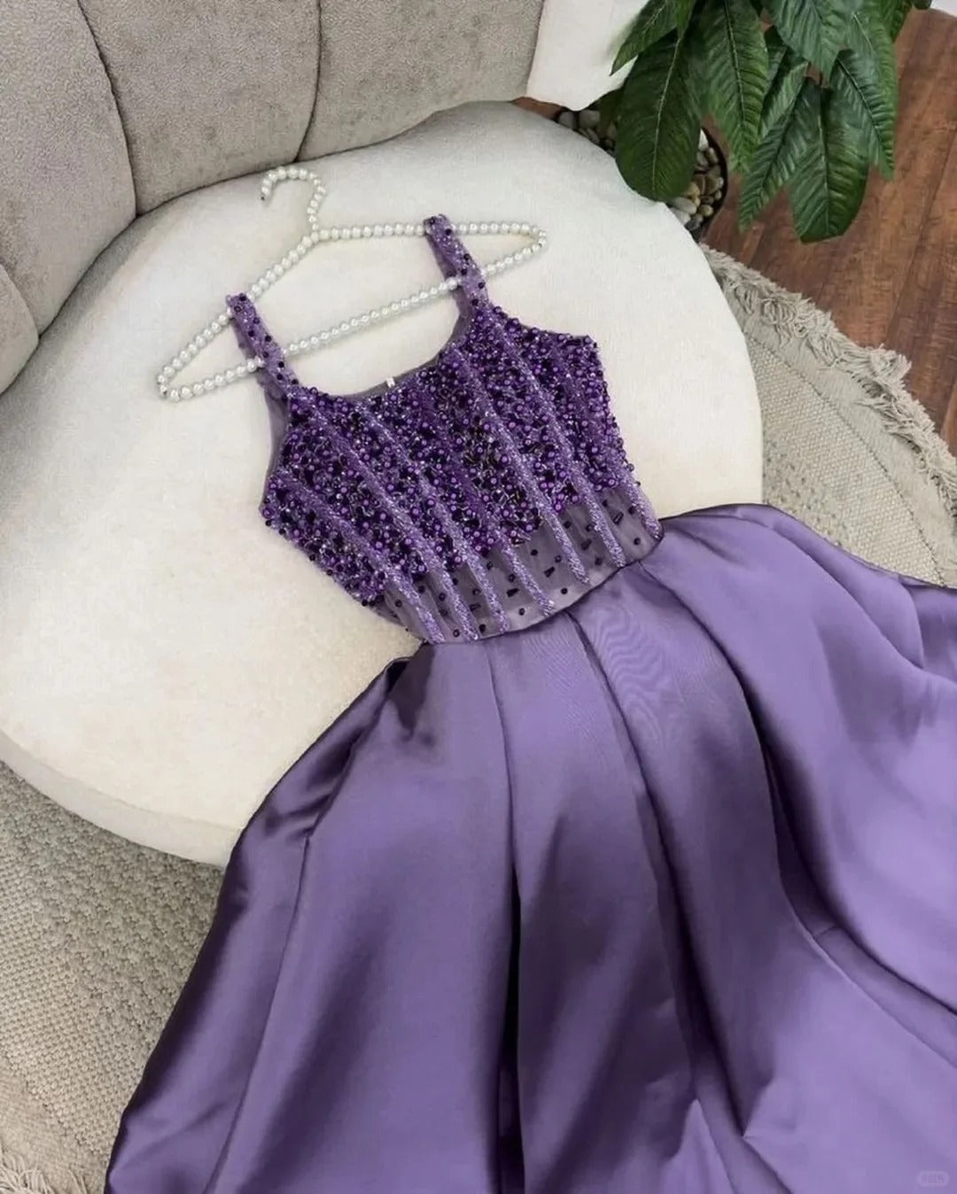 Glamour Purple Spaghetti Strap A-Line Beaded Satin Long Prom Dresses, Sweet Birthday Party Outfit ED03386