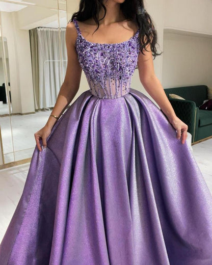 Glamour Purple Spaghetti Strap A-Line Beaded Satin Long Prom Dresses, Sweet Birthday Party Outfit ED03386