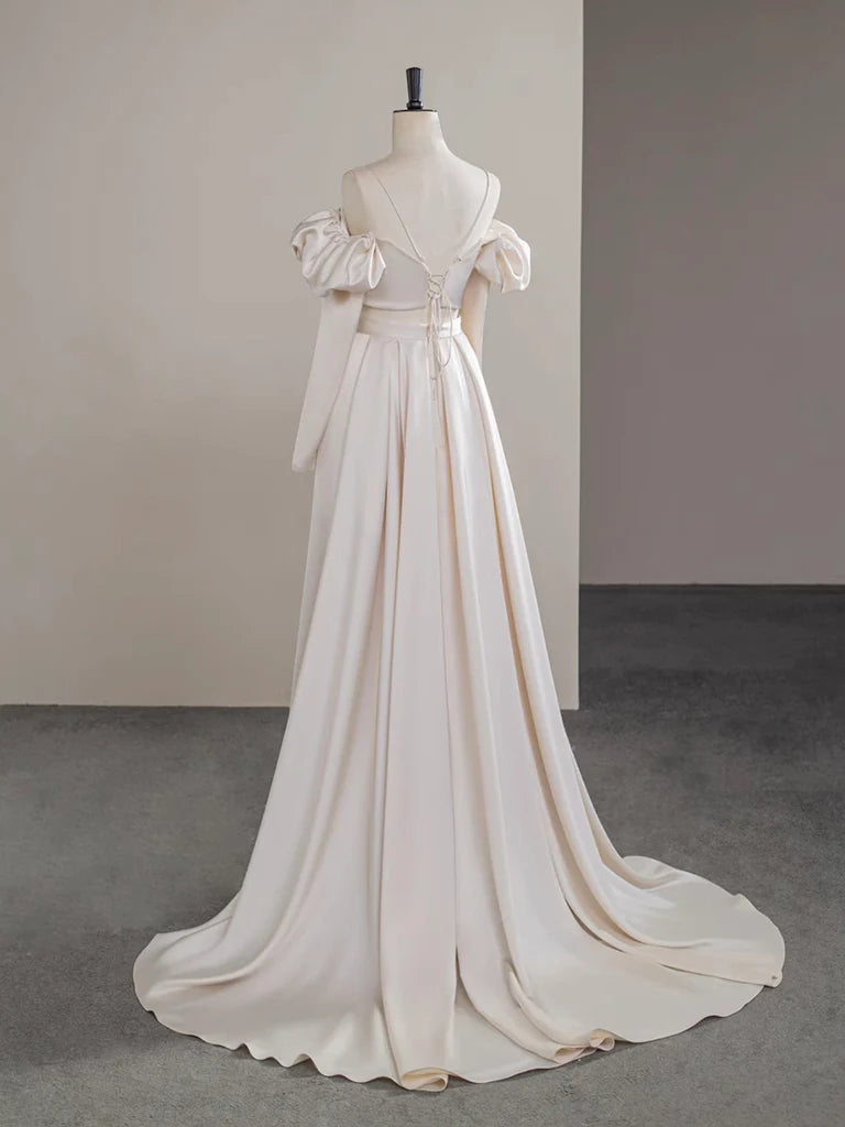 A-Line Two Pieces Satin Champagne Long Prom Dress, Champagne Long Formal Dress ED034
